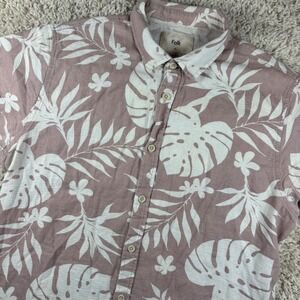 Folk Kingston Hawaiian Shirt Mens M Pink Monstera Tropical Leaf‎ Cotton Waffle